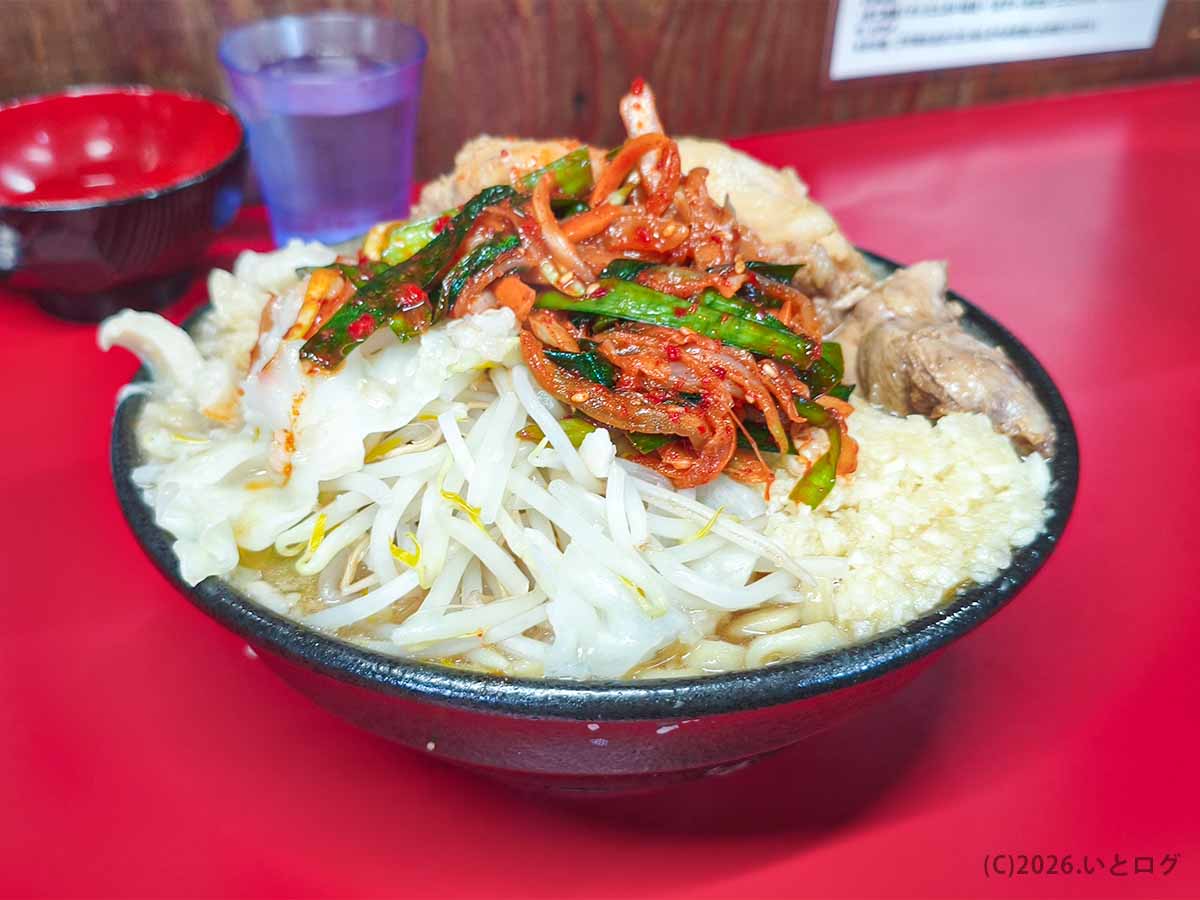 ラーメン二郎 新潟店の小ラーメン。大量のもやしとキャベツの上に赤いニラキムチが盛られ、両側に分厚い豚と刻みニンニクが見える。