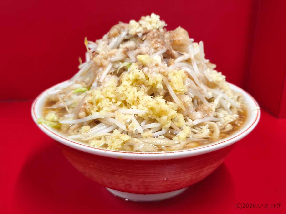 ラーメン二郎 大宮公園駅前店のラーメンを横から撮影したヤサイ・ニンニク・アブラたっぷりの一杯