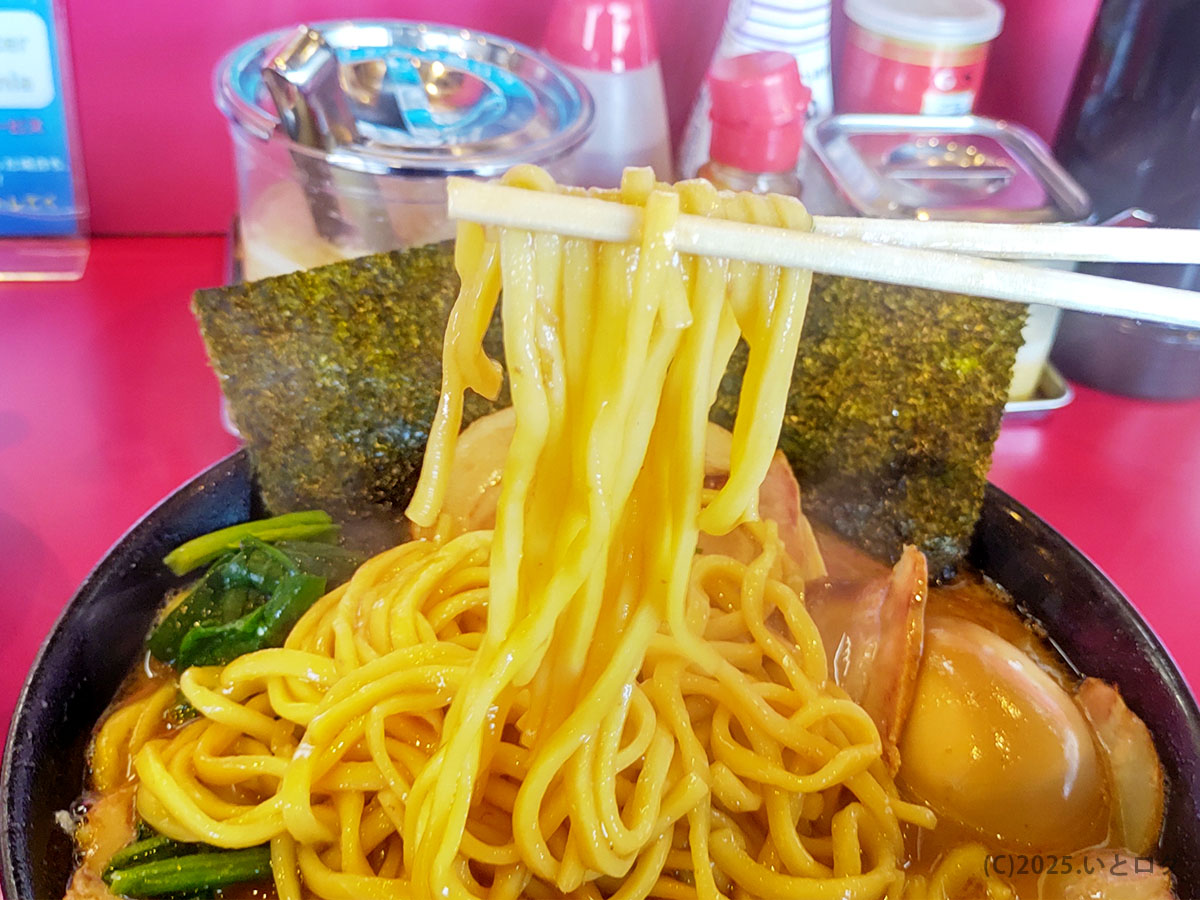 たつ郎直伝の黄色い中太麺をリフトアップ。艶やかな麺肌が宇都宮たつ家の王道家系らしさを主張