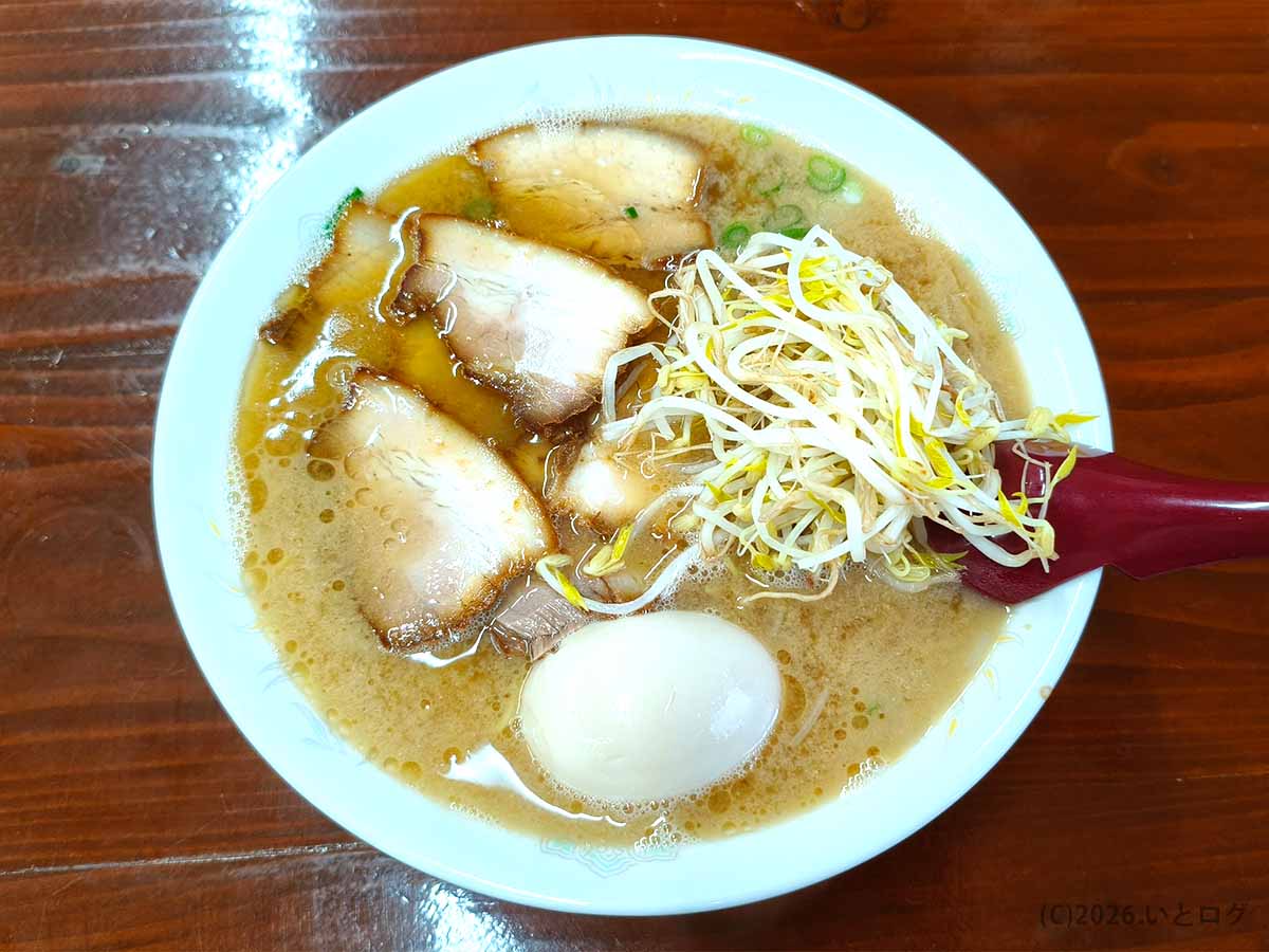 宮崎市のラーメン洋で注文したチャーシュー煮玉子ラーメン。豚骨スープにチャーシュー、もやし、煮玉子がのった一杯