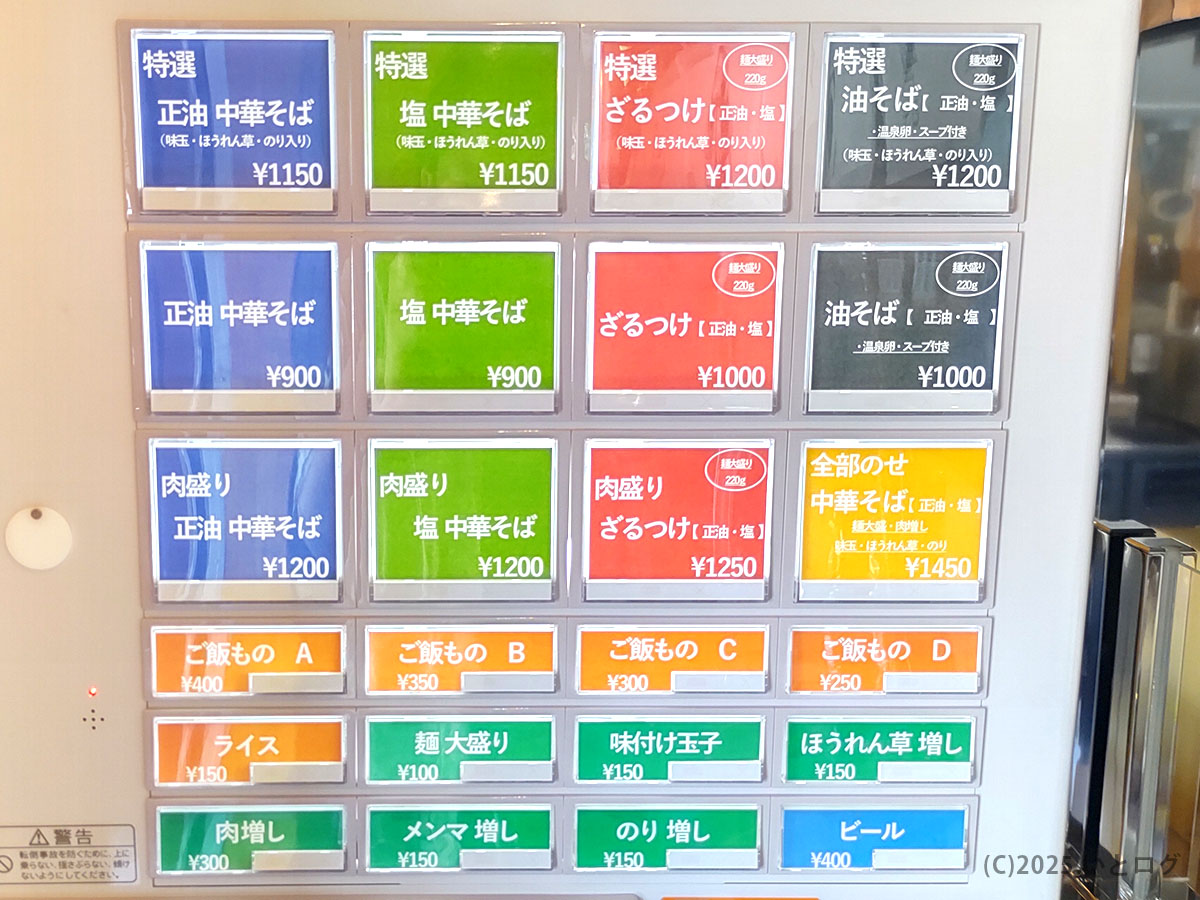 券売機メニュー：正油・塩の中華そば、油そば、ざるつけ、ご飯ものやトッピング。和田屋 分店（甲府昭和）のボタン一覧