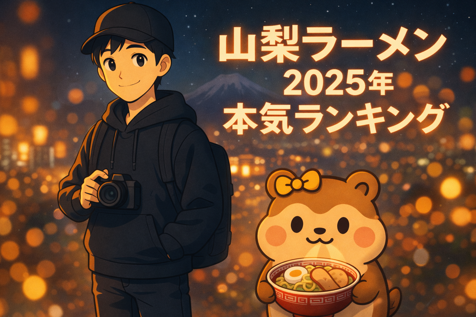 山梨ラーメンランキング2025年のアイキャッチ。夜の街を背景に、ラーメンをモチーフにしたキャラクターとりょうのイラスト